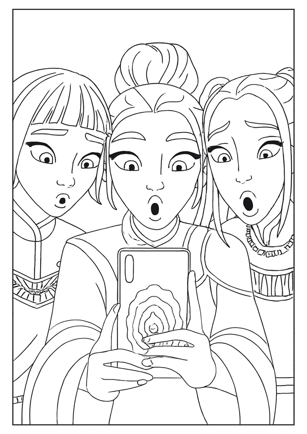 Three girls looking shocked at a smartphone screen in a funny Kpop Demon Hunter coloring page.