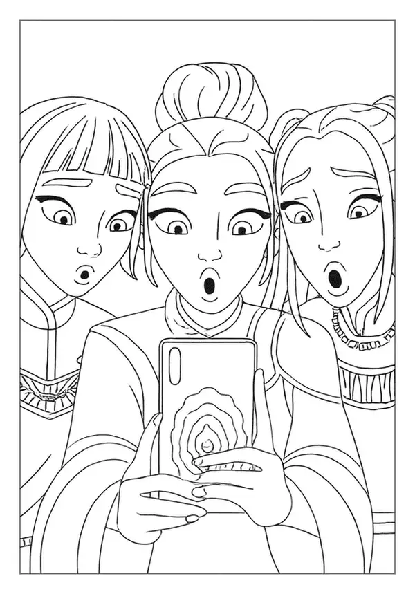 Three girls looking shocked at a smartphone screen in a funny Kpop Demon Hunter coloring page.