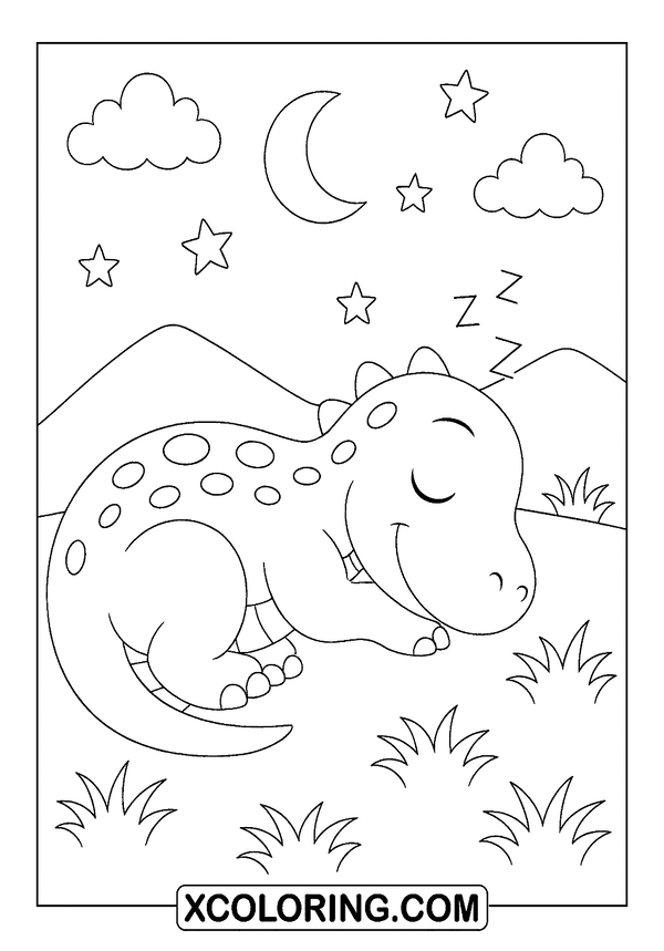 Sleepy Dinosaur Under Stars coloring sheet
