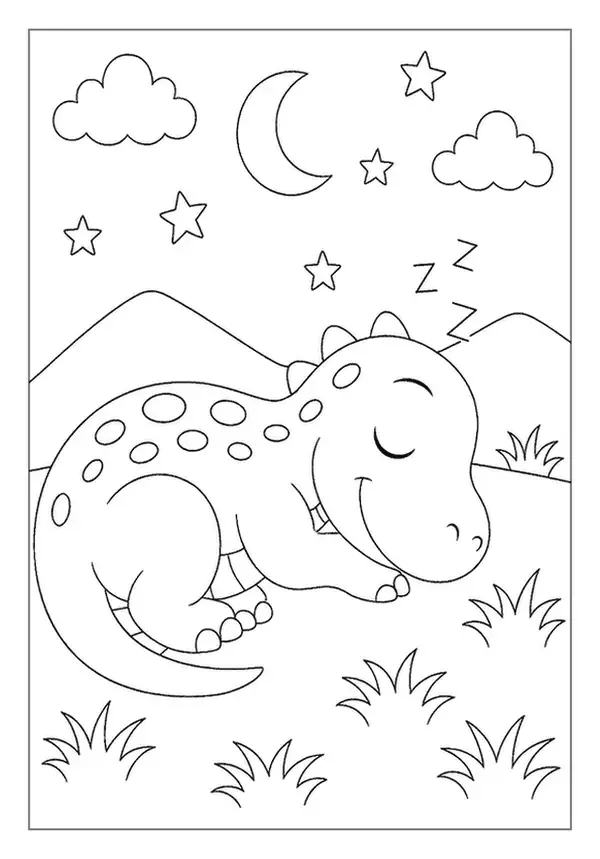 Adorable Sleepy Baby Dinosaur Napping Peacefully Under The Stars, A Calm Bedtime Coloring Page.