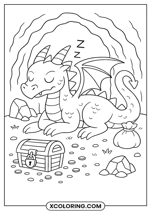 Sleepy Dragon in Cave coloring sheet