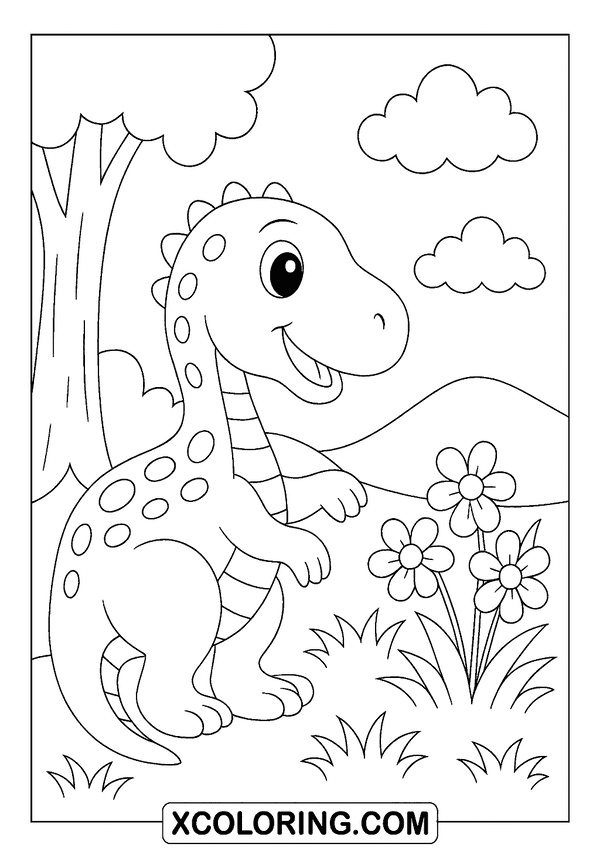 Smiling Dino Finds Flowers coloring sheet