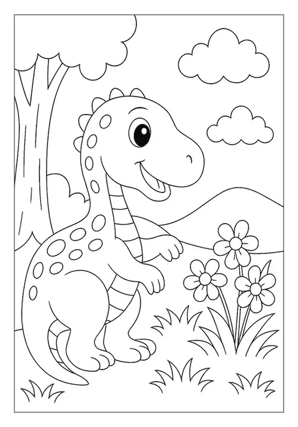 Smiling Baby Dinosaur Discovering Beautiful Flowers, A Charming Prehistoric Nature Coloring Page.