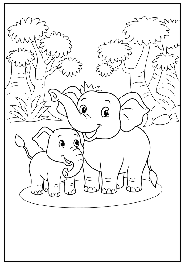 A baby Elephant Coloring Page with an adult elephant standing together in the forest.