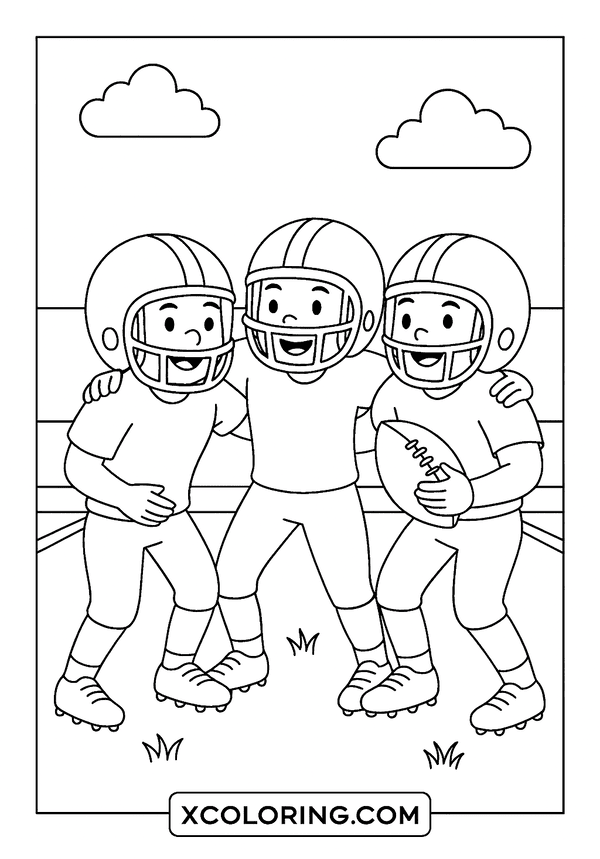 Smiling youth football team in a huddle, a fun Football Coloring Page.