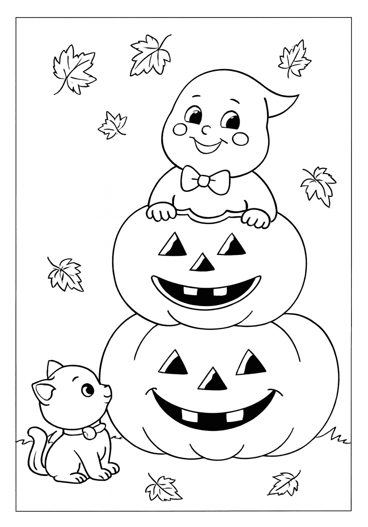 Cute smiling ghost sitting on a stack of two jack-o'-lanterns with a small kitten nearby, and falling leaves.