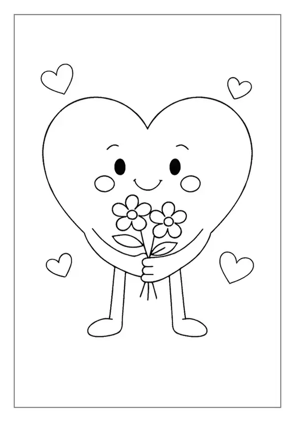 Cheerful Heart Coloring Page with a smiling heart holding flowers.