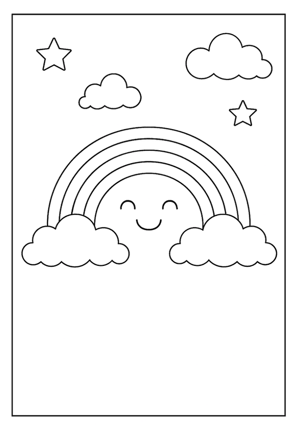 Happy rainbow coloring page with puffy clouds and twinkling stars.