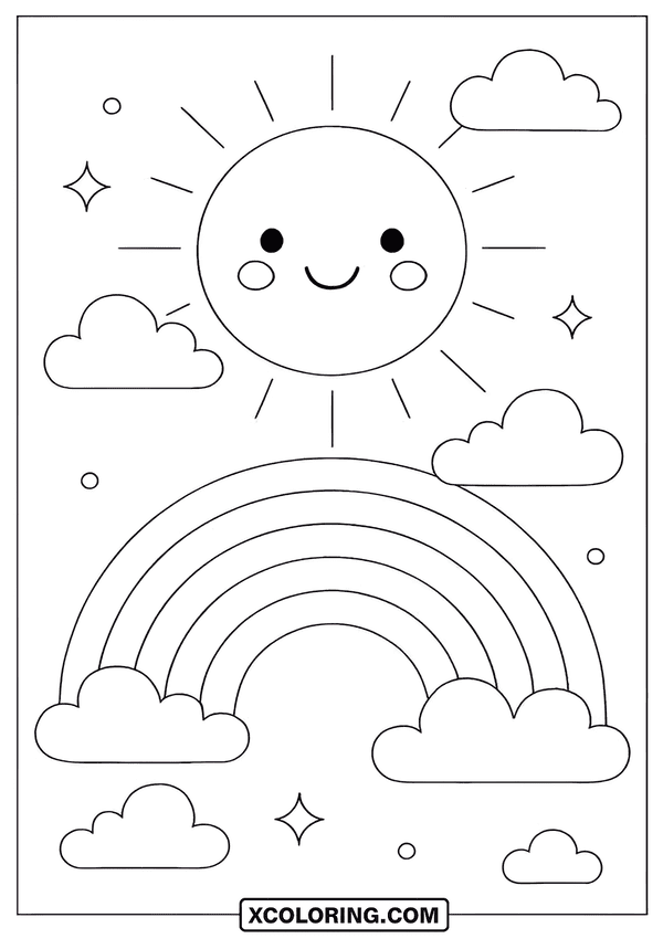Smiling Sun With Rainbow Sky coloring page