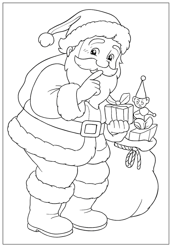 Secretive Santa Claus shushing and holding a small gift and elf toy from his large sack of toys.
