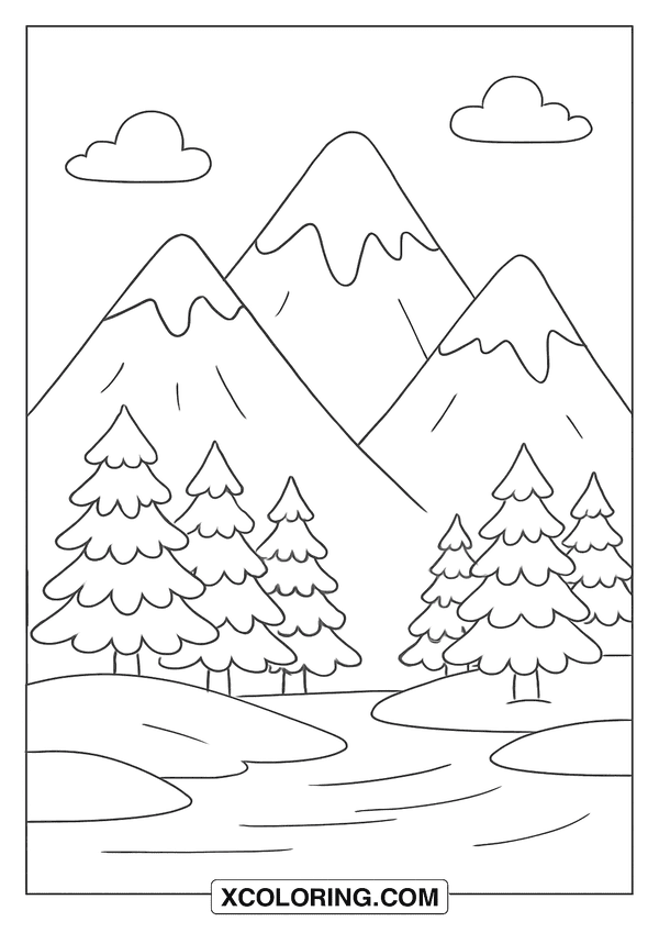 Snowy Mountains and Trees coloring page