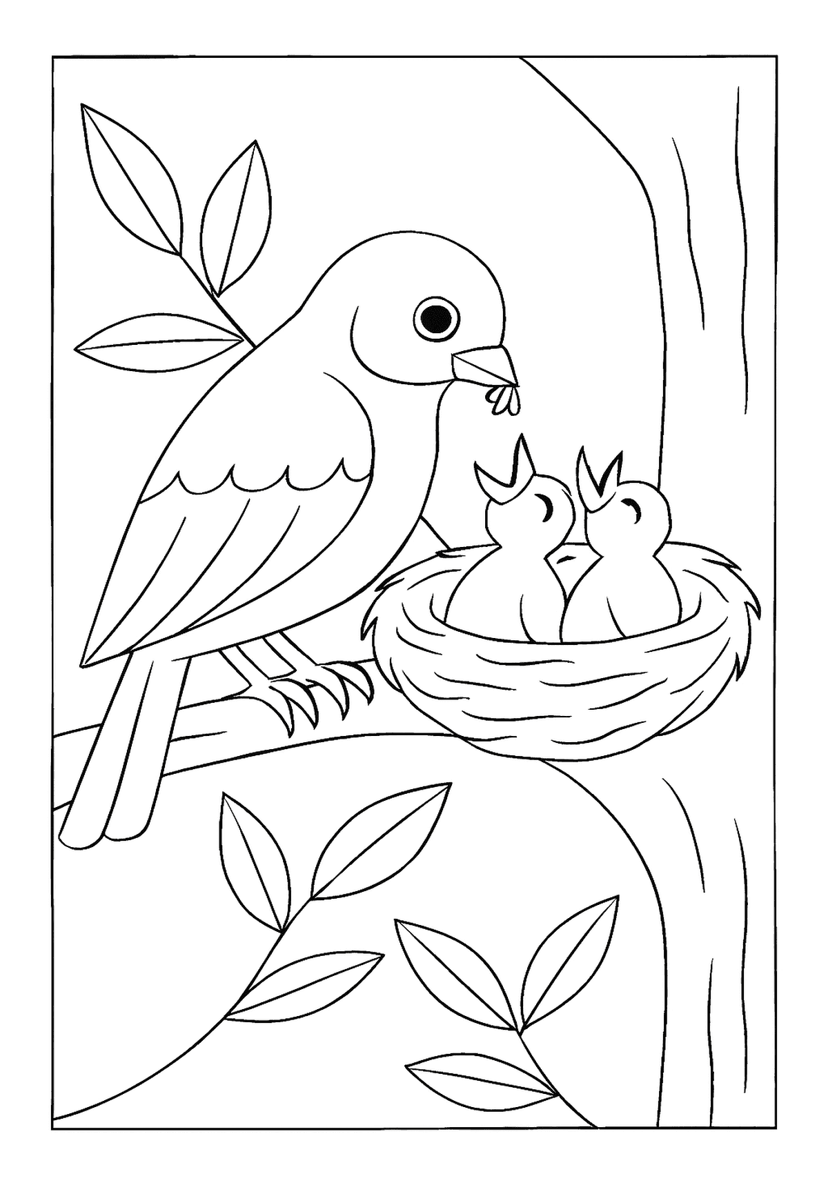 Sparrow Feeding Baby Birds Creative Exercise A sparrow bird coloring page feeding two hungry baby birds in a nest on a tree branch.