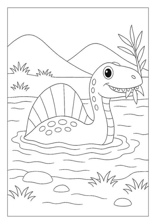 A Friendly Spinosaurus Swimming Happily In A River, A Unique Aquatic Dinosaur Coloring Page.