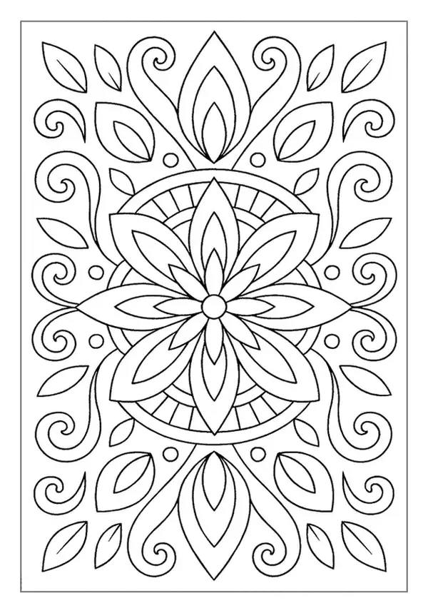 Nature pattern coloring page with large spiral ferns and flowers.