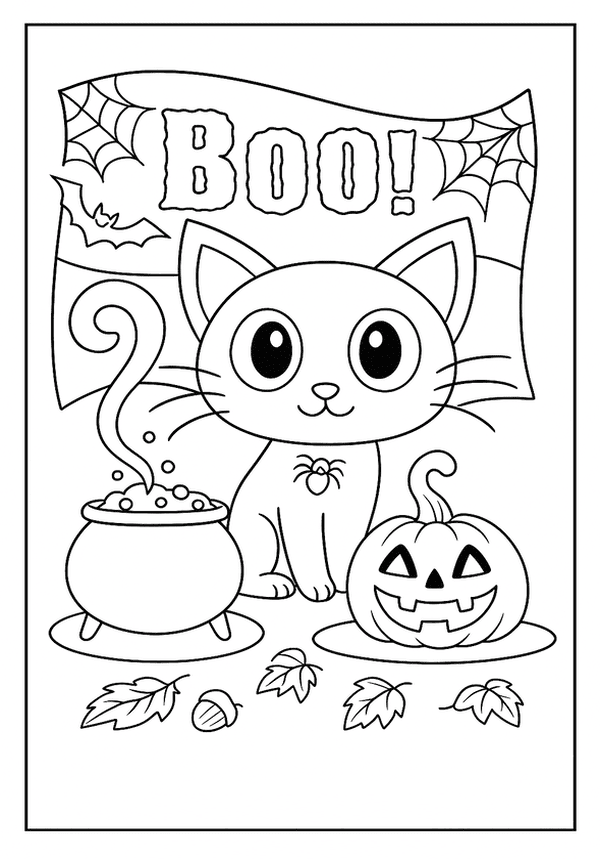Printable Spooky Cat Boo Scene Coloring Sheet