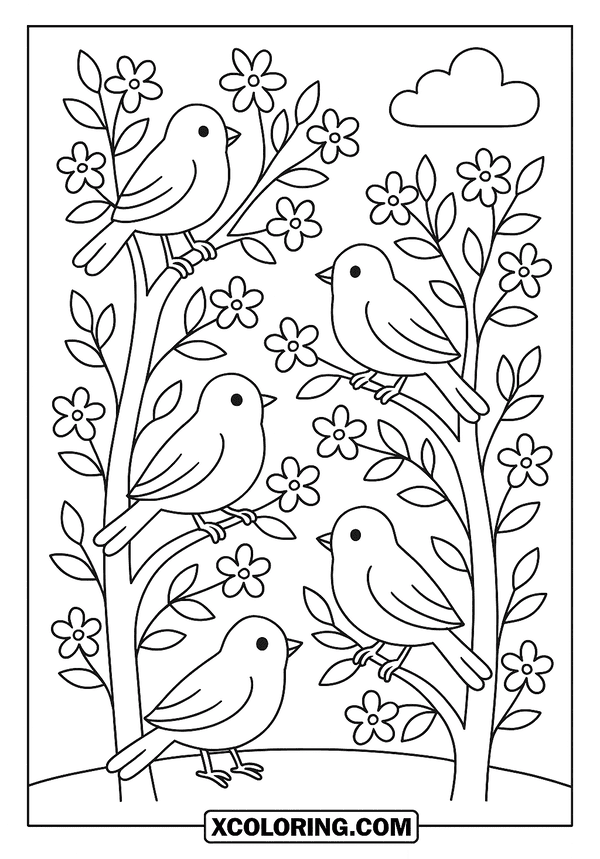 Spring Trees Full of Birds coloring page
