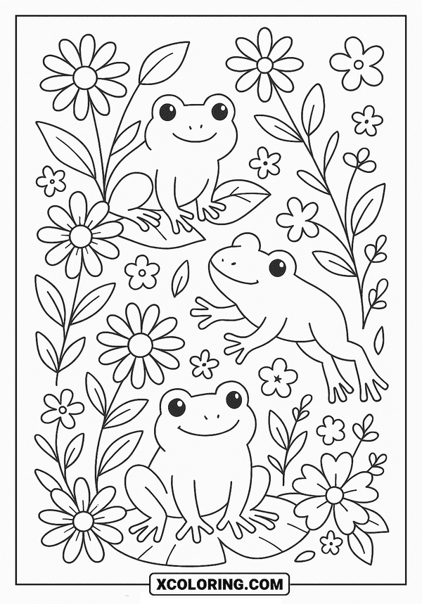 Springtime Frogs and Flowers coloring sheet