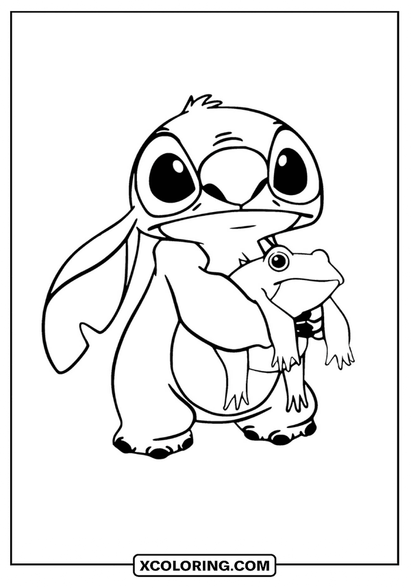 Stitch Holding Cute Frog coloring page