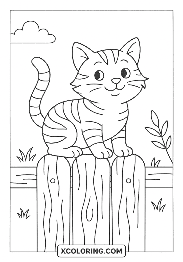 Striped Cat on Fence coloring sheet