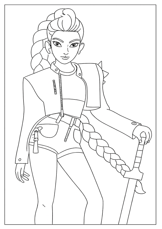 Fashionable girl with a long braid holding a sword in a Kpop Demon Hunter coloring page.