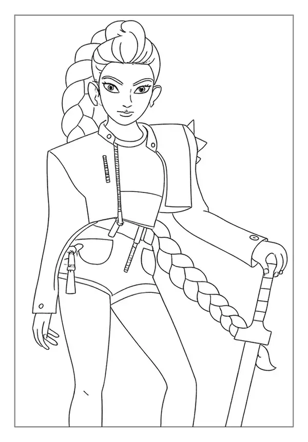 Fashionable girl with a long braid holding a sword in a Kpop Demon Hunter coloring page.