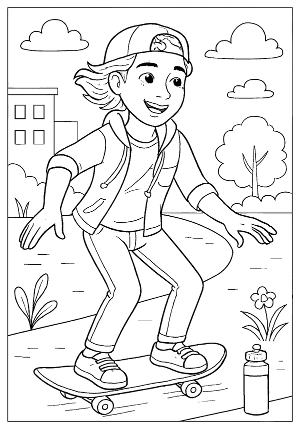 Sunny Day Skate Coloring Simple Outline A smiling teenage boy on a skateboard, wearing a hoodie and a baseball cap backwards.