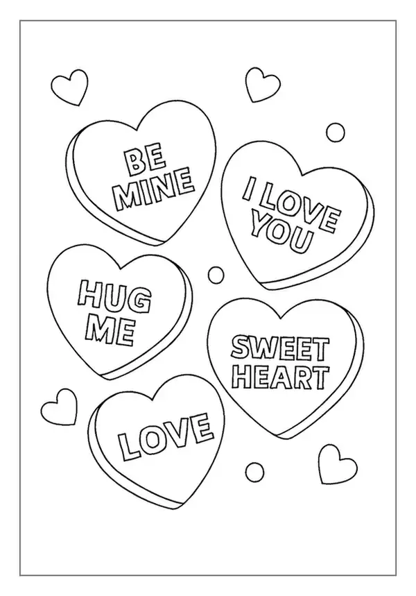 Fun Heart Coloring Page featuring classic candy hearts with sweet messages.