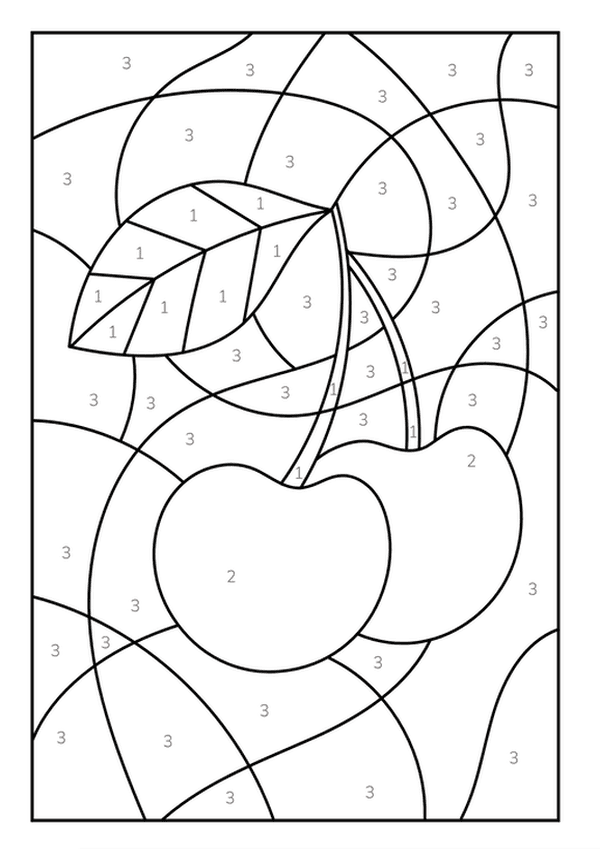 A fruit-themed color by number coloring page showing two cherries and a leaf in a mosaic pattern.