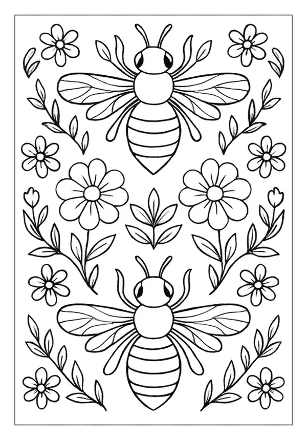 Symmetrical bee garden pattern coloring page with flowers.