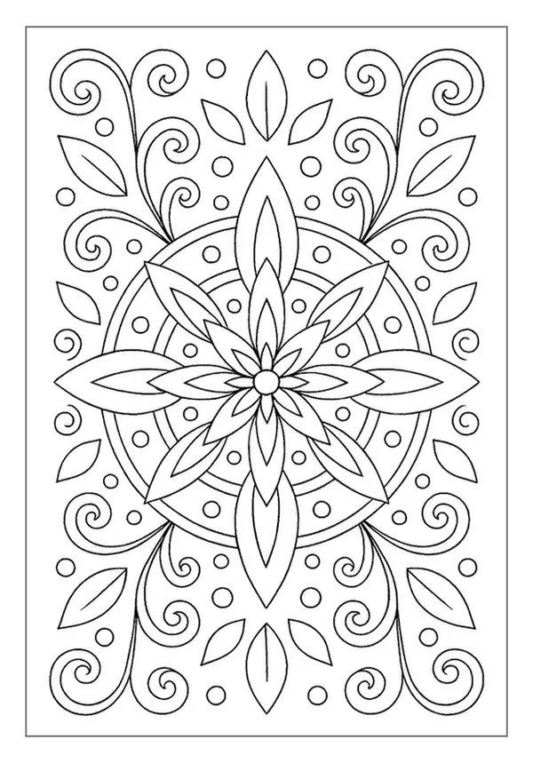 Symmetrical diamond floral pattern coloring page with swirling vines.