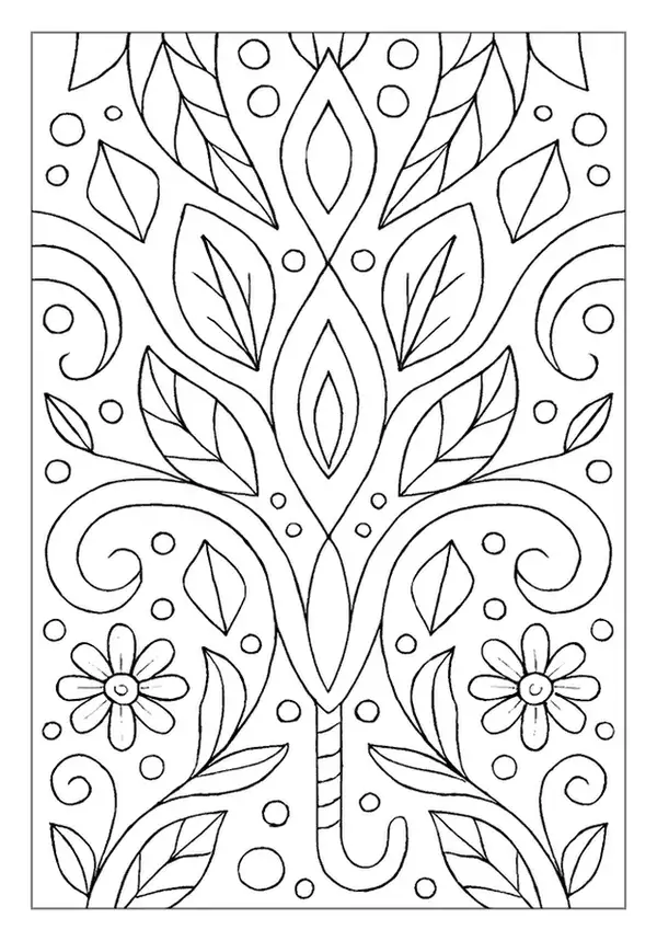 Symmetrical floral fountain pattern coloring page with leaves.