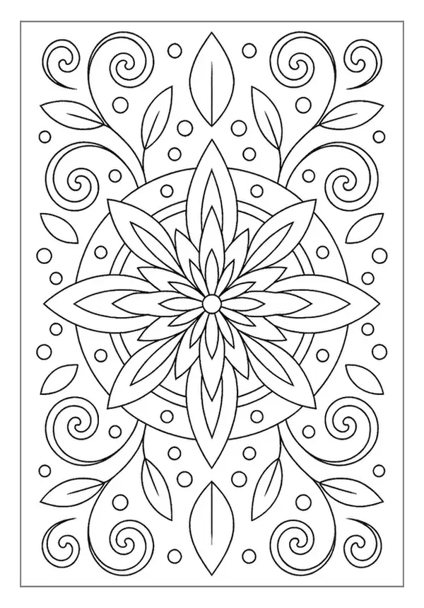 Symmetrical floral star mandala pattern coloring page with swirling vines.
