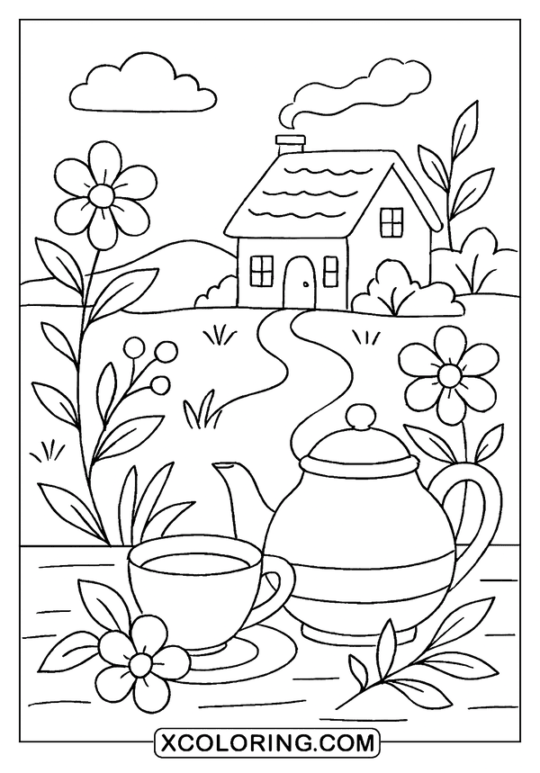 Tea Time Cottage Escape coloring sheet