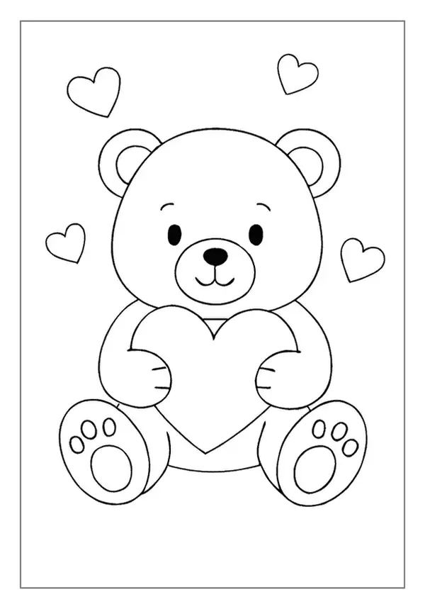 Cute teddy bear holding a large heart, a charming Heart Coloring Page.