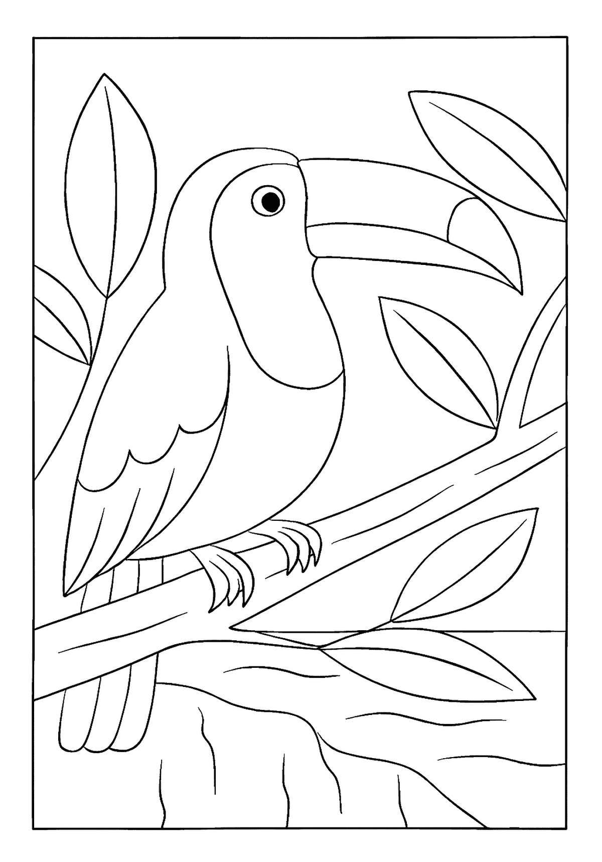 Toucan Perched On Branch Free Download Exotic toucan bird coloring page perched on a thick tree branch surrounded by jungle leaves.