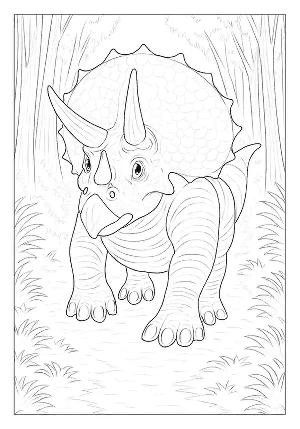 Majestic Triceratops Walking Along A Forest Path, A Captivating Dinosaur Coloring Page For Kids.
