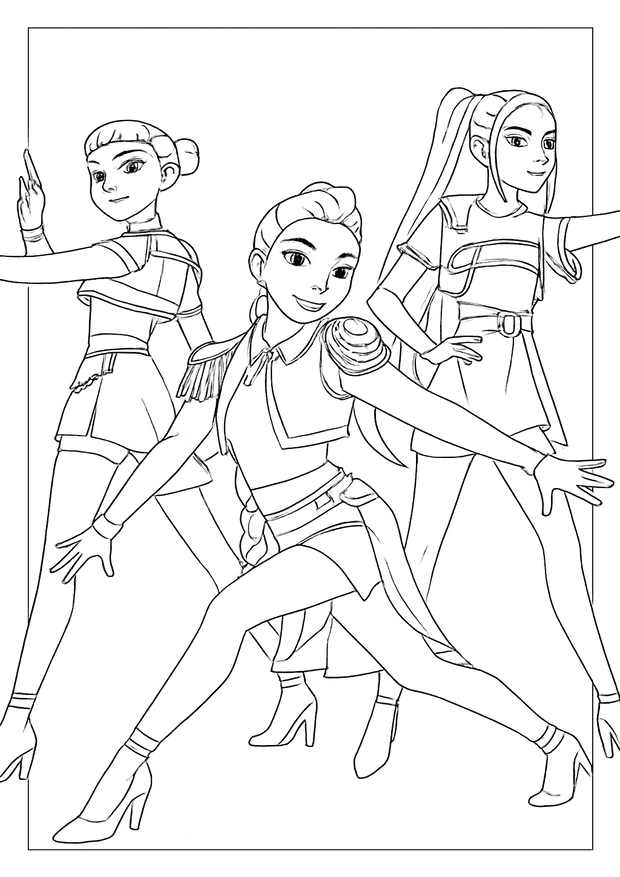 Three girls striking dynamic dance-combat poses in a Kpop Demon Hunter coloring page.