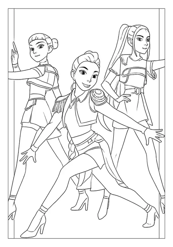 Three girls striking dynamic dance-combat poses in a Kpop Demon Hunter coloring page.