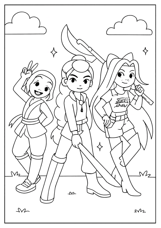 Kpop Demon Hunter coloring sheet showing three friends posing with large axes and swords.