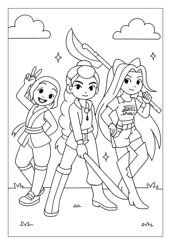Kpop Demon Hunter coloring sheet showing three friends posing with large axes and swords.