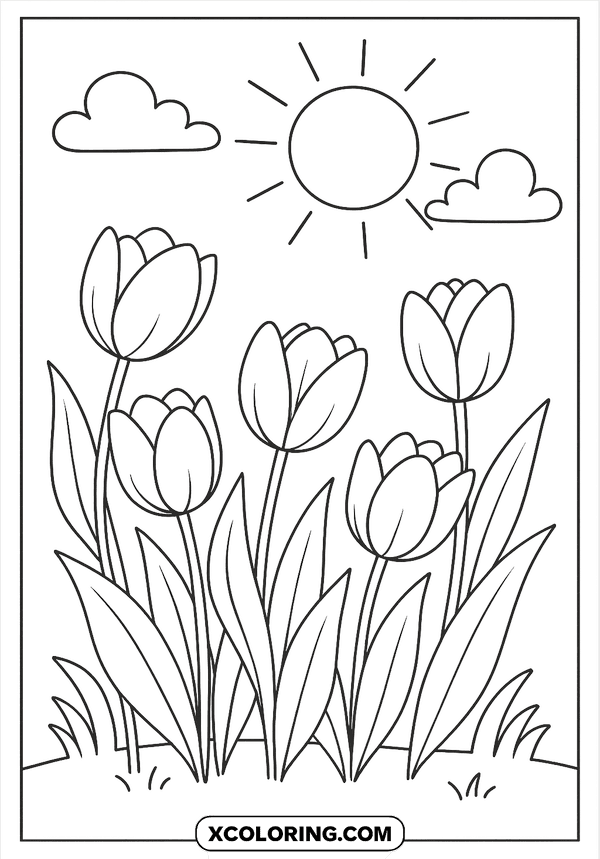 Tulips and Sunshine Spring coloring sheet