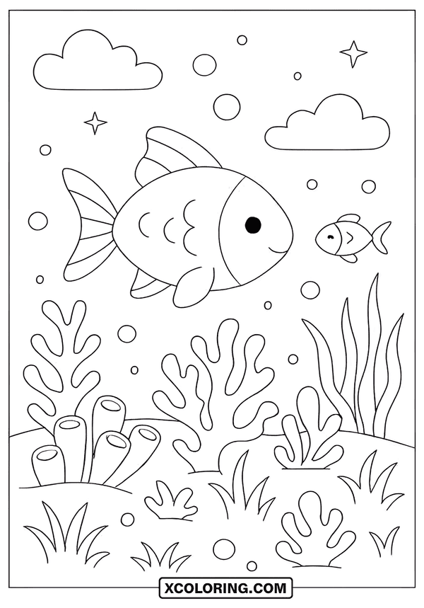 Underwater World With Fish And Coral coloring sheet