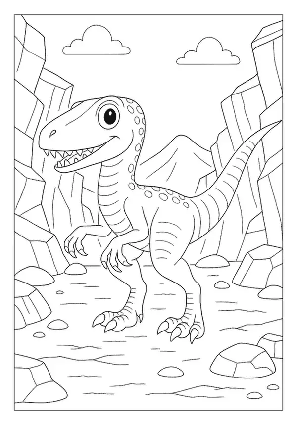 A Curious Velociraptor Exploring A Rocky Canyon, A Thrilling Dinosaur Coloring Page.