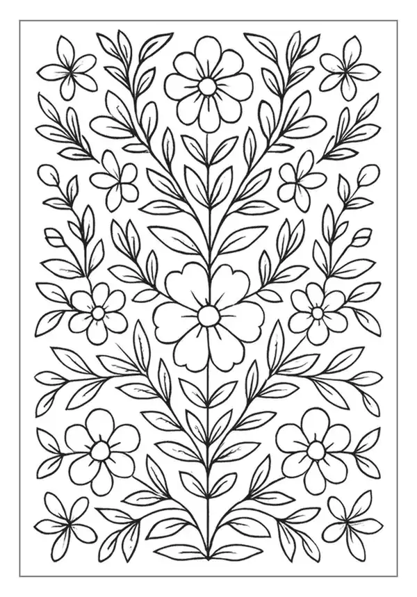 Vertical floral branch pattern coloring page with symmetry.