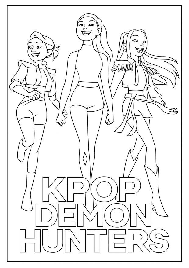 Three girls walking forward in this Kpop Demon Hunter coloring page with large logo text.