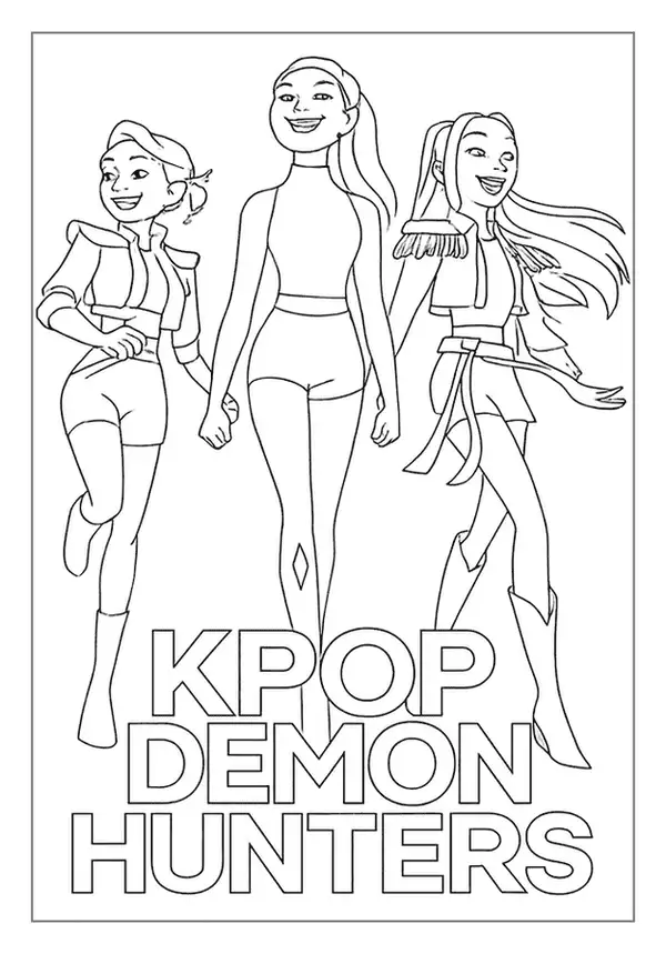 Three girls walking forward in this Kpop Demon Hunter coloring page with large logo text.