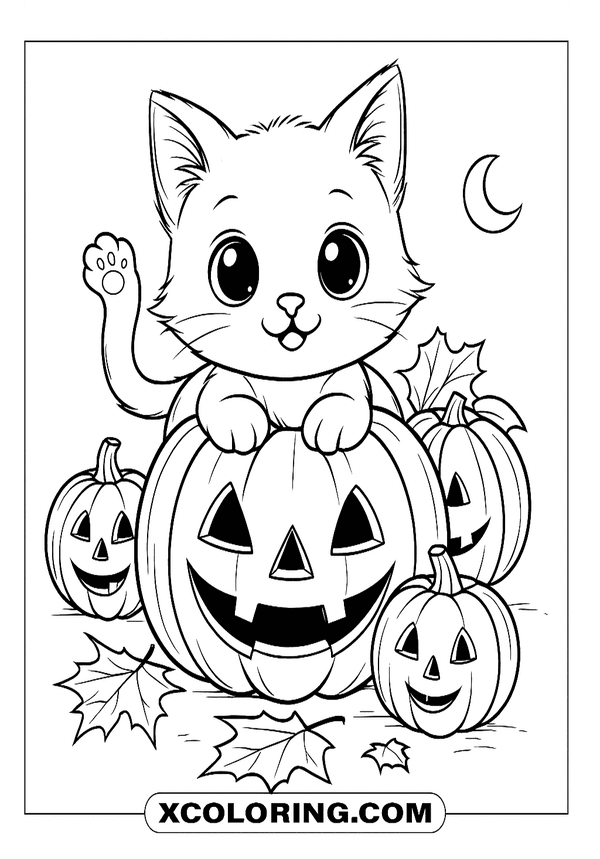 Waving Cat Pumpkin Patch coloring sheet