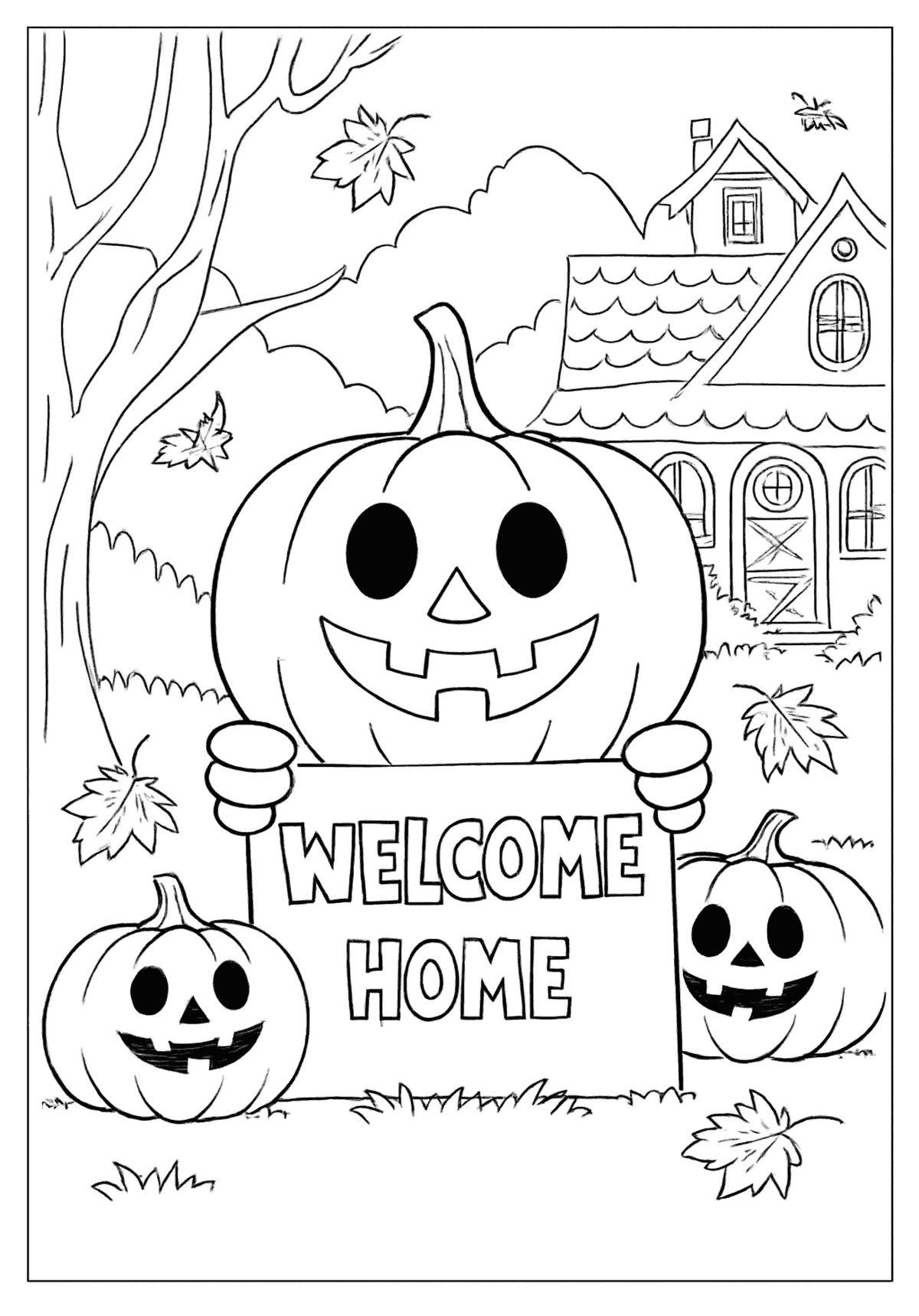 miling jack-o'-lantern holding a "Welcome Home" sign, with a house and two small pumpkins outside.