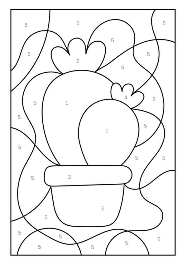 A color by number coloring page featuring a cute cactus with flowers in a small pot.