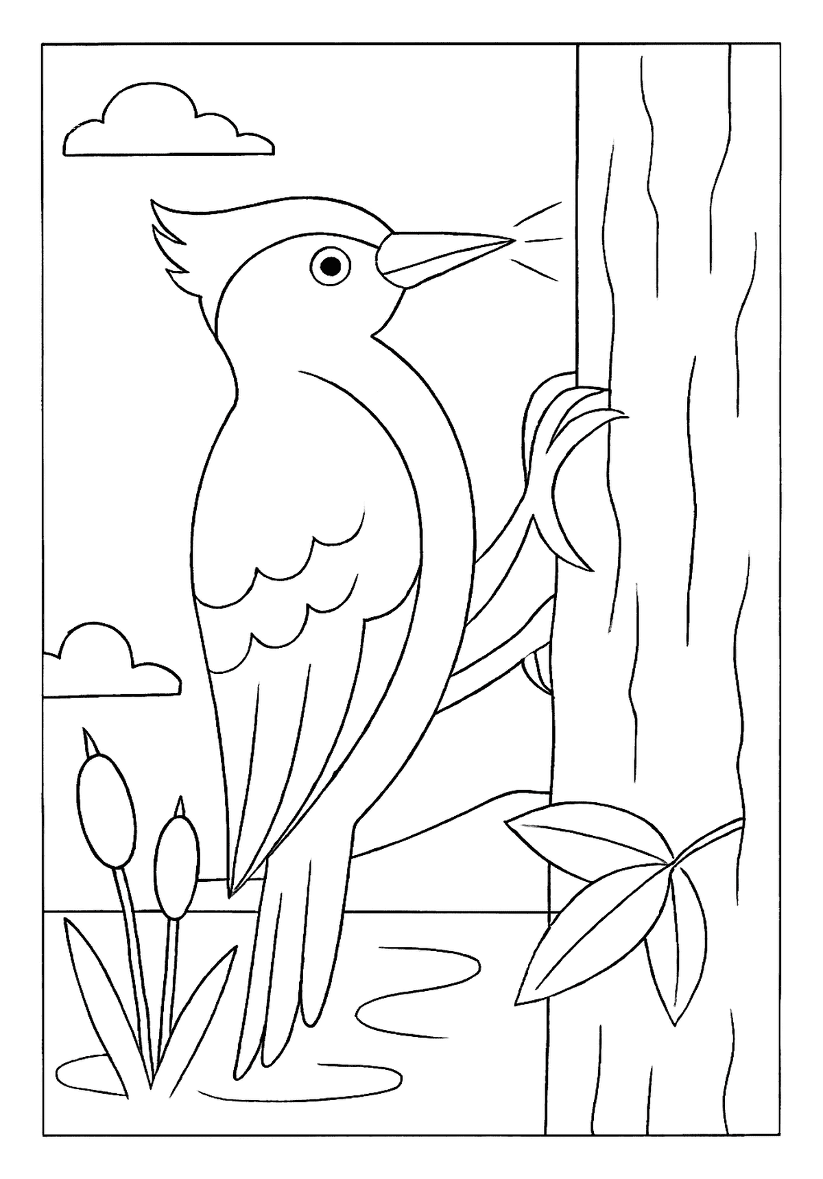 Woodpecker Tapping On Trunk Drawing Lesson A woodpecker bird coloring page tapping on a tree trunk near reeds and water.